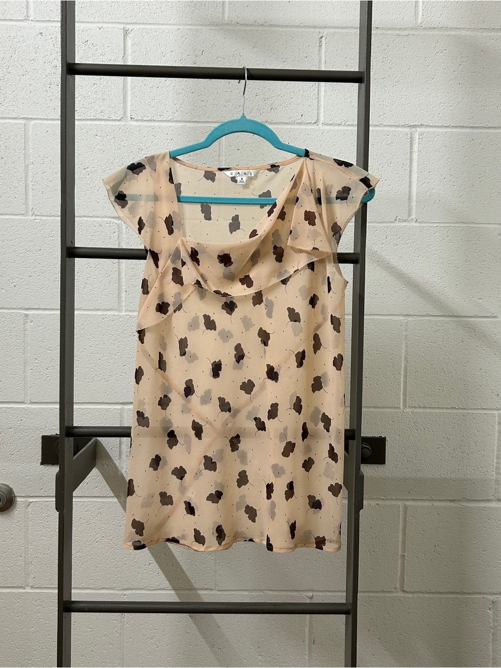 CAbi Beige Printed Ruffle Cowl Neck Camisole